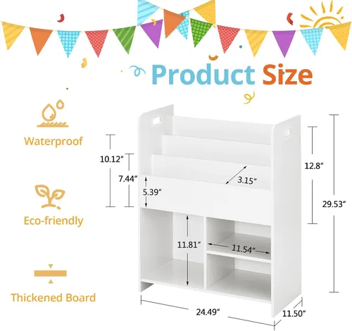 Miniatura 3 de VECELO Estantería para niños, 2 en 1 con estantes y 3 cubos de diferentes tamaños, organizador de madera para almacenamiento de juguetes para Blanco