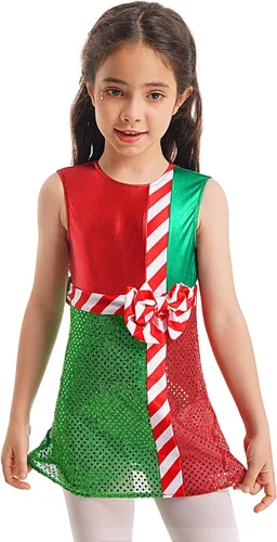 Miniatura 4 de JEATHA Vestido de leotardo de lentejuelas metálicas brillantes para niños y niñas, diseño de bloques de color a rayas, con lazo