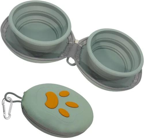 Cuencos plegables para perros, tazón de silicona 2 en 1 para comida y agua para mascotas con mosquetón, plato portátil de doble compartimento para