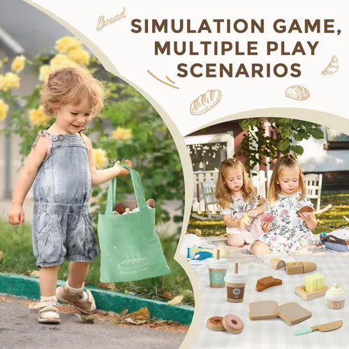 Miniatura 5 de 17 piezas de juego de alimentos de juguete de panadería de madera para niños, juego de alimentos de picnic de simulación para niños de 3 años