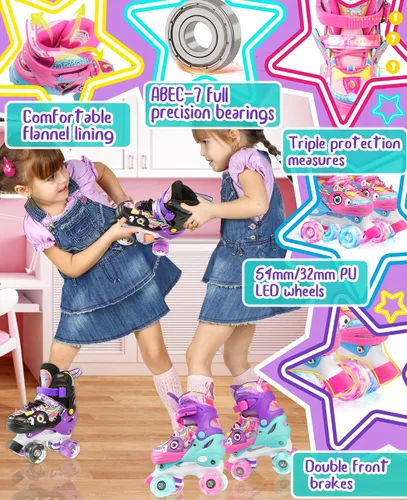 Miniatura 2 de Dino - Patines de ruedas para niños y niñas, WESKIFAN Dinosaur Quad Skating Shoes con ruedas brillantes y tamaños ajustables para principiantes
