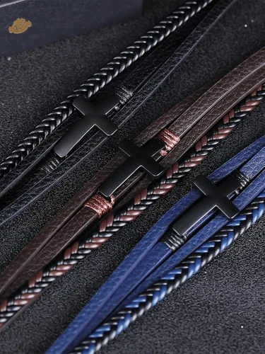 Miniatura 5 de Pulsera de cuero para hombre con cruz trenzada de varias capas con cierre de acero inoxidable, regalos religiosos cristianos para él