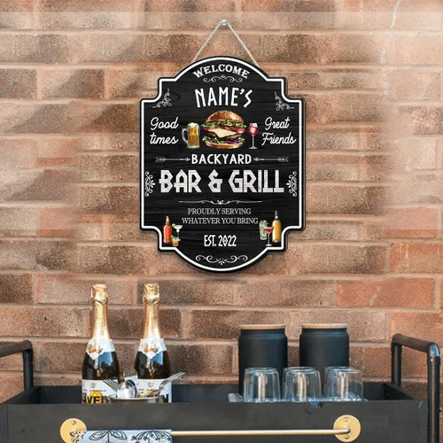 Miniatura 9 de Artsy Woodsy Letrero personalizado para bar y parrilla en el patio trasero (no tallado o neón), decoración de placa artística de pared, accesorios