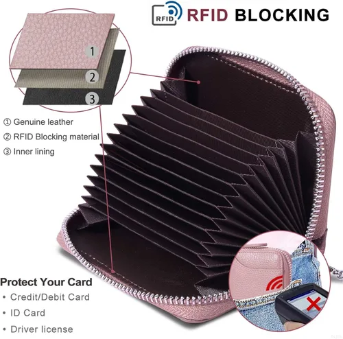 Miniatura 3 de GADIEMKENSD Tarjetero de tarjeta de crédito pequeño RFID cartera cremallera cuero genuino acordeón carteras, Rosado, Mejorado