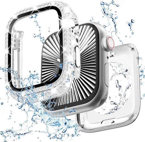 Miniatura 19 de Funda delantera y trasera, 2 en 1, brillante, impermeable, 360°, de policarbonato y protector de pantalla de vidrio para iWatch 8 y 7 de 41 mm, Negro