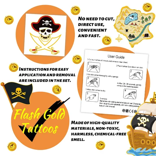 Miniatura 7 de winthrop 240 tatuajes temporales con purpurina pirata a granel, color oro destello envueltos individualmente, tatuajes de seguridad impermeables