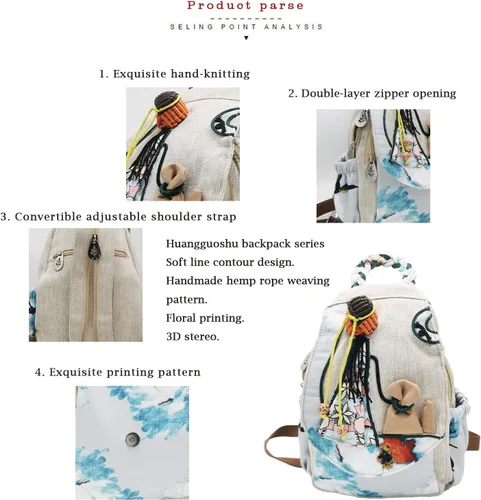 Miniatura 145 de HUANGGUOSHU Mochila de algodón tejida de algodón bohemio con bordado de lona estilo bohemio con múltiples bolsillos retro linda mochila cartera