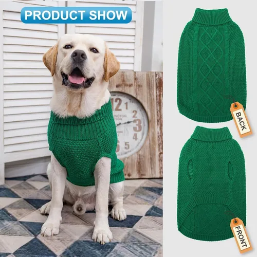 Miniatura 3 de Mihachi Suéter de cuello alto para perro, abrigo de invierno, ropa clásica de punto trenzado con agujero para la correa para clima frío, regalo Verde