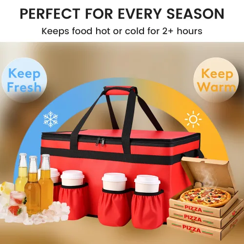 Miniatura 7 de Bolsa de entrega de alimentos con aislamiento con 4 portavasos, bolsas de comestibles aisladas extra grandes para mantener los alimentos Rojo