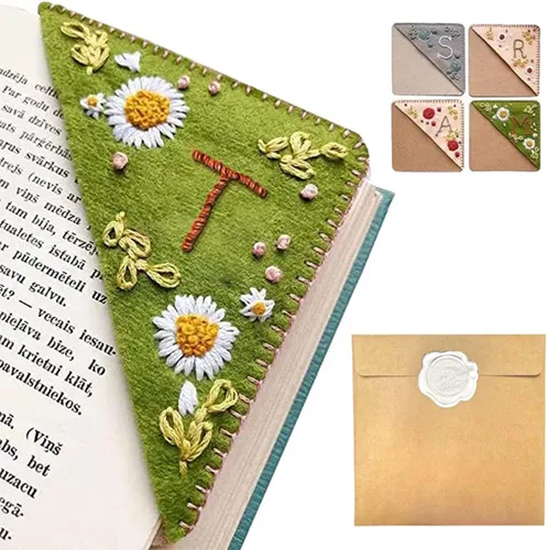 Miniatura 53 de Marcapáginas de esquina bordado a mano personalizado, 26 letras con costura a mano de fieltro, marcapáginas de esquina con bordado de flores lindo