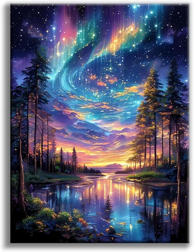 Kits de pintura de diamantes de cielo estrellado Offito para adultos, kits de pintura de diamantes 5D Aurora Lake para principiantes, fantásticos
