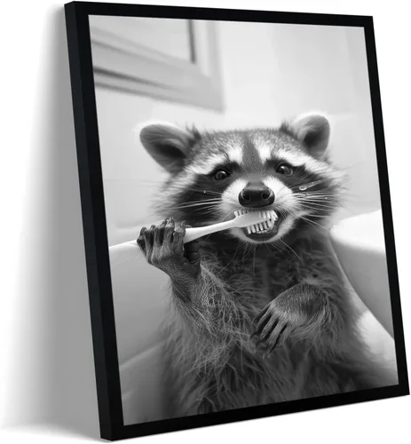 Miniatura 22 de Lienzo enmarcado en blanco y negro para el baño, divertida decoración de baño de animales, linda nutria sosteniendo un rollo de papel higiénico
