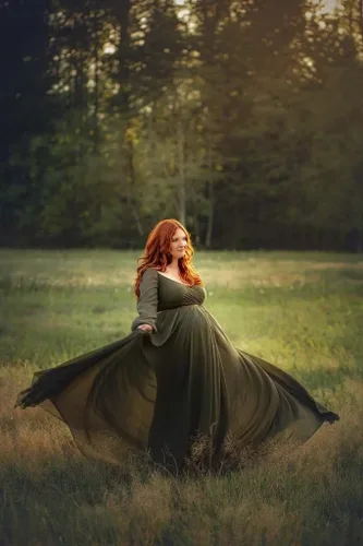 Miniatura 5 de Fivsole Vestido de maternidad de manga larga de gasa para sesión de fotos, hombros descubiertos, vestidos de maternidad para embarazo, vestidos