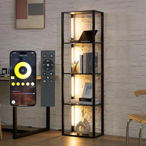 FENLO Fancy Plus Estante de piso de 64 pulgadas para exhibición de curiosidades, con lámparas de luz LED regulables, esquinero resistente y con Negro