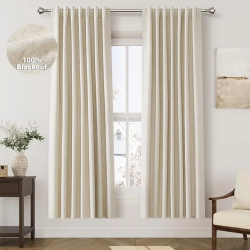 Miniatura 109 de Cortinas de lino 100% opacas para dormitorio, 102 pulgadas de largo, con pestaña trasera, bolsillo para barra, paneles acústicos con aislamiento