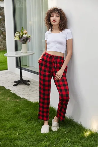 Miniatura 4 de Ekouaer - Pantalones cómodos de pijama, con bolsillos, a cuadros, elásticos y con cordón, para mujer
