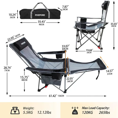 Miniatura 3 de Silla de camping reclinable con reposapiés extraíble con reposacabezas, cojín de algodón, sillas plegables ajustables y portátiles