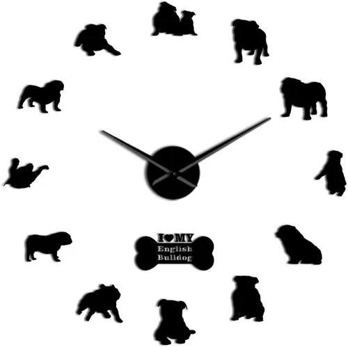 Miniatura 2 de The Geeky Days English British Bulldog contemporáneo 3D DIY reloj de pared con lindo hueso Pet Shop espejos superficie (negro)