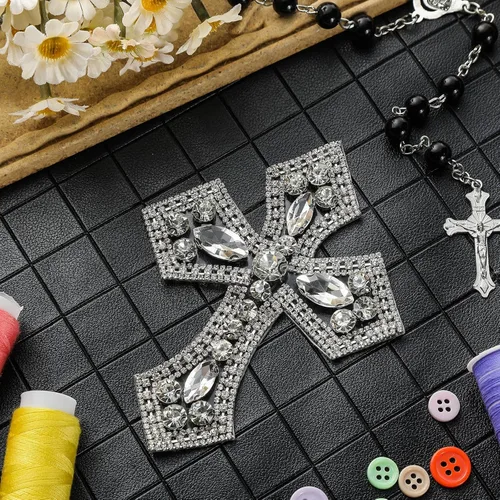 Miniatura 4 de Suncalla 4 parches de cruz de diamantes de imitación plateados con apliques de cruz de cristal, parches para coser en ropa, bolsas, vestidos, Plata
