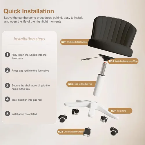 Miniatura 5 de Silla de escritorio redonda pequeña rodante sin brazos, silla de computadora cómoda con respaldo bajo de cuero PU, silla de trabajo ajustable