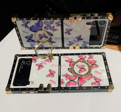 Miniatura 4 de Funda de mariposa con soporte de anillo para Galaxy Z Flip 3 para mujeres y niñas, diseño de caja cuadrada de lujo, diseño de mármol brillante