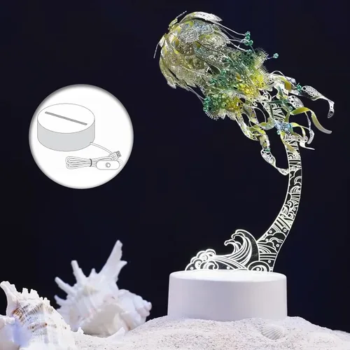 Miniatura 6 de Piececool Rompecabezas de metal 3D para adultos – Luz nocturna de medusas de organismo marino con enchufe USB, pasatiempos, manualidades, arte