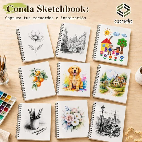Miniatura 6 de Cuaderno de dibujo de tapa dura con espiral de CONDA, de 9 x 12 pulgadas, para dibujar, pintar y realizar técnicas mixtas Negro