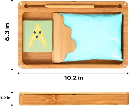 Miniatura 7 de AtMini Bandeja de arena para aula, bandeja de arena Montessori con tapa, bandejas de arena de madera para niños, letras y números (azul)