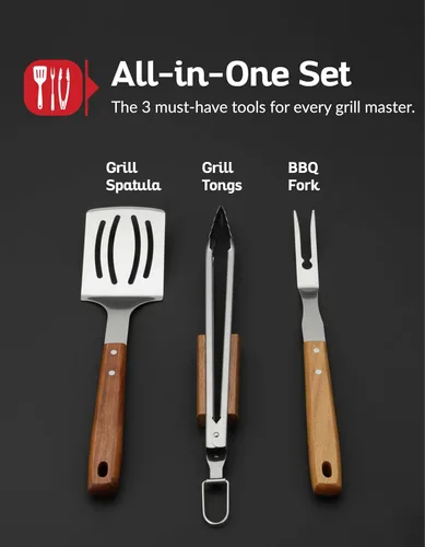 Miniatura 2 de Juego de herramientas profesionales para barbacoa de madera de acacia (3 piezas) – Kit de accesorios de parrilla de acero inoxidable resistente