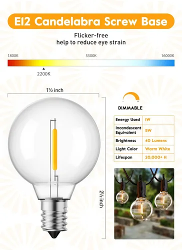 Miniatura 2 de Brightown Bombillas LED de repuesto G40, paquete de 10 bombillas de globo transparente para enchufes E12 C7 con base de tornillo de candelabro, Luz