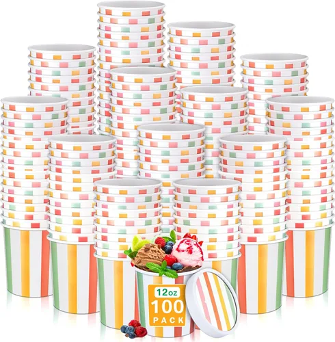 Miniatura 9 de Irenare 100 vasos de papel para helado de 12 onzas con tapas, cuencos desechables para postres, recipientes de sopa caliente, recipientes de papel