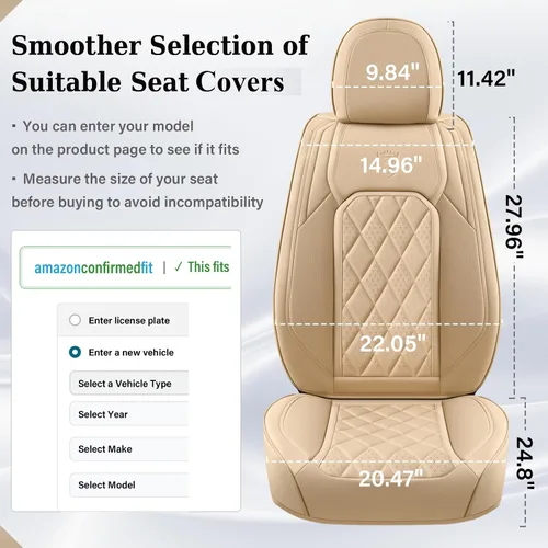 Miniatura 6 de Coverado Fundas de Asientos Delanteros, Funda de Asiento de Cuero Sintético de Lujo Impermeable, Protector de Asiento de Coche Beige, Funda