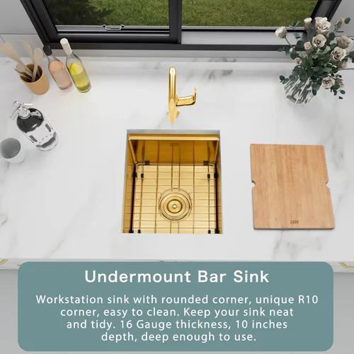 Miniatura 9 de LQS Fregadero pequeño de barra dorada para montaje inferior, fregadero de barra húmeda de PVD dorado y fregadero de cocina RV de 15 x 17 pulgadas
