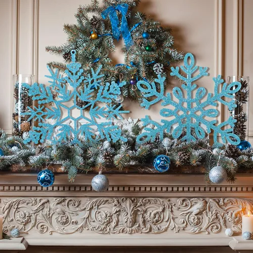 Miniatura 5 de Sratte 24 adornos de copo de nieve grandes de 16 pulgadas, copos de nieve colgantes decorativos con purpurina gigante, 6 diseños de adornos