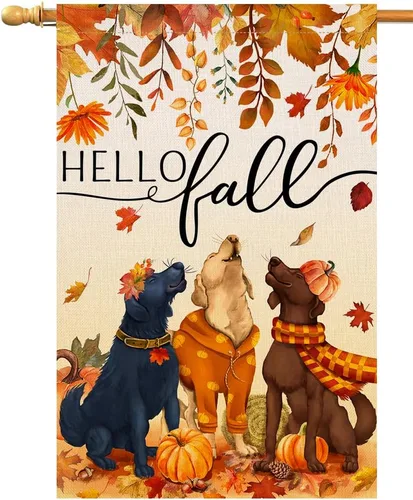 BLKWHT Bandera de casa de perros de otoño, 28 x 40 pulgadas, vertical, de doble cara, hojas de otoño, día de Acción de Gracias, decoración exterior,