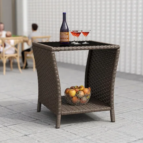 Miniatura 10 de kinbor Mesa pequeña para exteriores – Mesa auxiliar de mimbre para exteriores con estante de almacenamiento para patio, balcón y porche, ratán