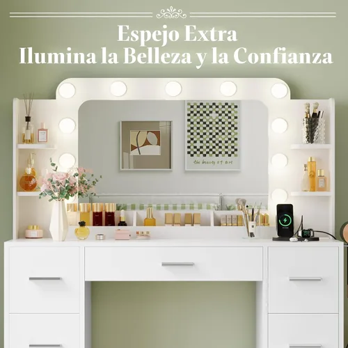 Miniatura 4 de JUMMICO Escritorio de tocador de maquillaje con espejo grande y luces, tocador con regleta de enchufes y soporte para secador de pelo, 6 estantes
