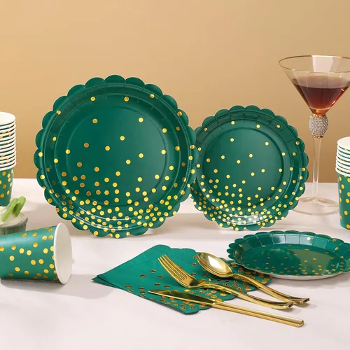 Miniatura 6 de 175 piezas de decoración de fiesta verde y dorada - Suministros de fiesta con platos y servilletas verdes - Platos de papel festoneados