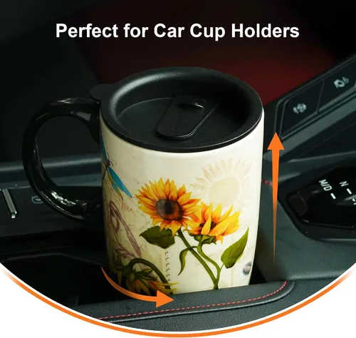 Miniatura 8 de Topadorn Taza de café de cerámica de girasol de 17 onzas con tapa, taza de té y café con leche de porcelana floral vintage, apta para microondas