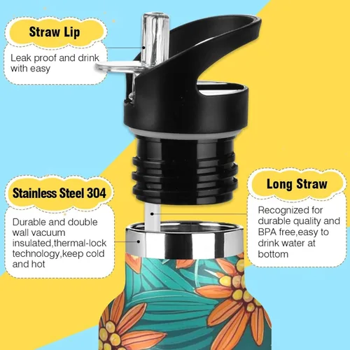 Miniatura 3 de Tropical Leaf Summer Leak Proof & BPA Free Reusable Water Bottle with Straw Double-Wall Vacuum Insulation for Gym Sports 20 oz termo para agua acero