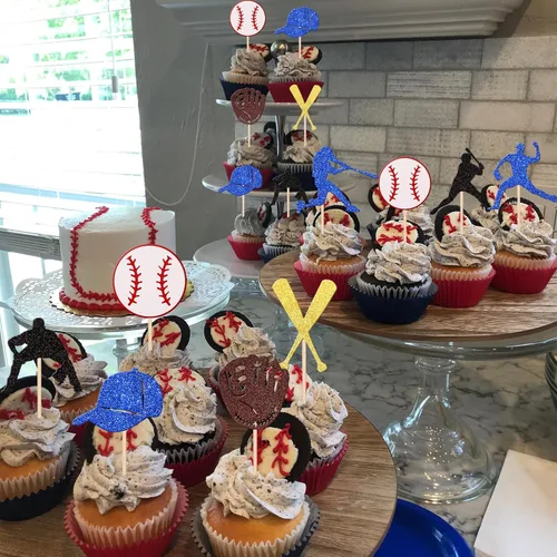 Miniatura 7 de 24 piezas de decoración de cupcakes de béisbol con purpurina para jugadores de béisbol temáticos deportivos para temática de béisbol, baby shower