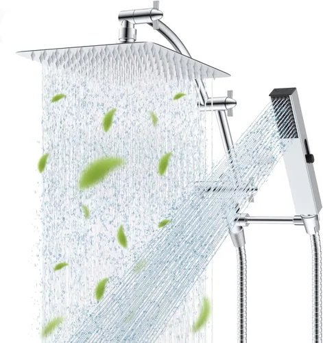 Hibbent Cabezal de ducha de lluvia de 10 pulg. de metal completo con certificación CUPC, juego de cabezal de ducha doble, varita de ducha de mano de