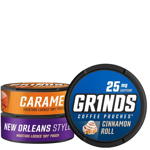 Grinds Bolsas de café 18 por lata | Nueva muestra de 3 latas | Caramelo, Nueva Orleans, rollo de canela | Bolsas de cafeína | Energía portátil | Sin