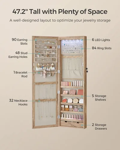 Miniatura 48 de Songmics - UJJC93W - Armario para joyas que se puede cerrar con llave, de montaje en pared o puerta, con espejo de 6 luces LED, para organización