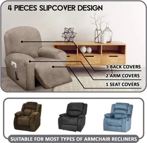 ULTICOR Funda reclinable de terciopelo para sofá reclinable de 4 piezas, 1 asiento, fundas elásticas de terciopelo para sofá reclinable de 1 cojín,
