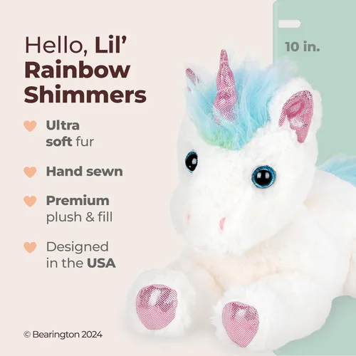 Miniatura 2 de Bearington Rainbow Shimmers - Animal de peluche unicornio blanco esponjoso y tierno de 10 pulgadas con pelaje de felpa suave para jugar y abrazar