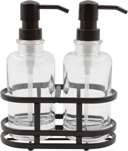 Juego de dispensador redondo de 3 piezas de jabón de vidrio pesado con organizador de metal para el hogar, baño, cocina, viajes, oficina, bandeja de