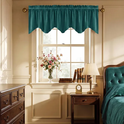 Miniatura 55 de StangH Cortinas decorativas de lujo, cenefa azul con bloqueo de luz, cenefa festoneada para ventana pequeña con bolsillo sólido para barra, cortina
