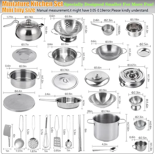 Miniatura 6 de Juego de juguetes de cocina de tamaño mini para niños, accesorios con utensilios de cocina de acero inoxidable, juego de ollas y sartenes de acero