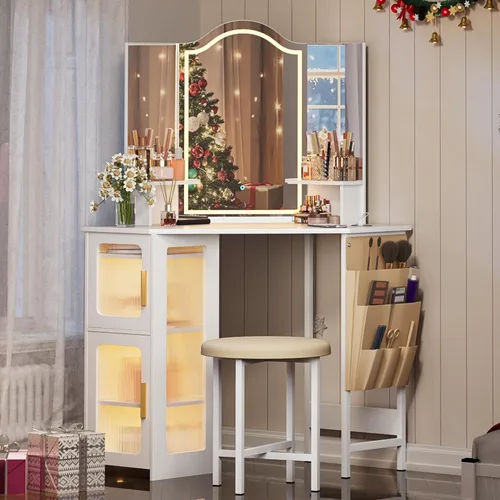 Miniatura 9 de LVSOMT Escritorio esquinero de maquillaje con espejo y luces, tocador de 44 pulgadas con estación de carga, mesa de maquillaje con taburete, armario